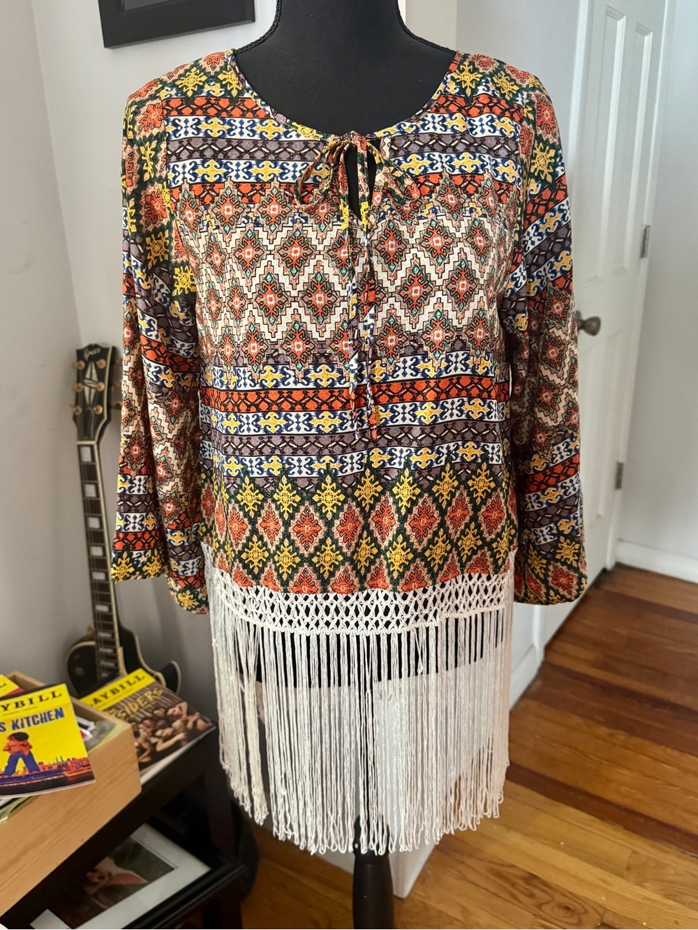 Imaginary Voyage Boho Multicolor Boho Fringe Blouse - Red, Yellow, Blue, Black
